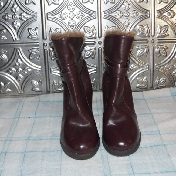 Charlotte Russe Size 7 Burgundy Faux-Fur Heeled Boots - Picture 2 of 8